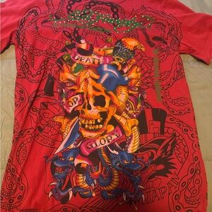 Red Graphic Tee with Skull and Snake Design